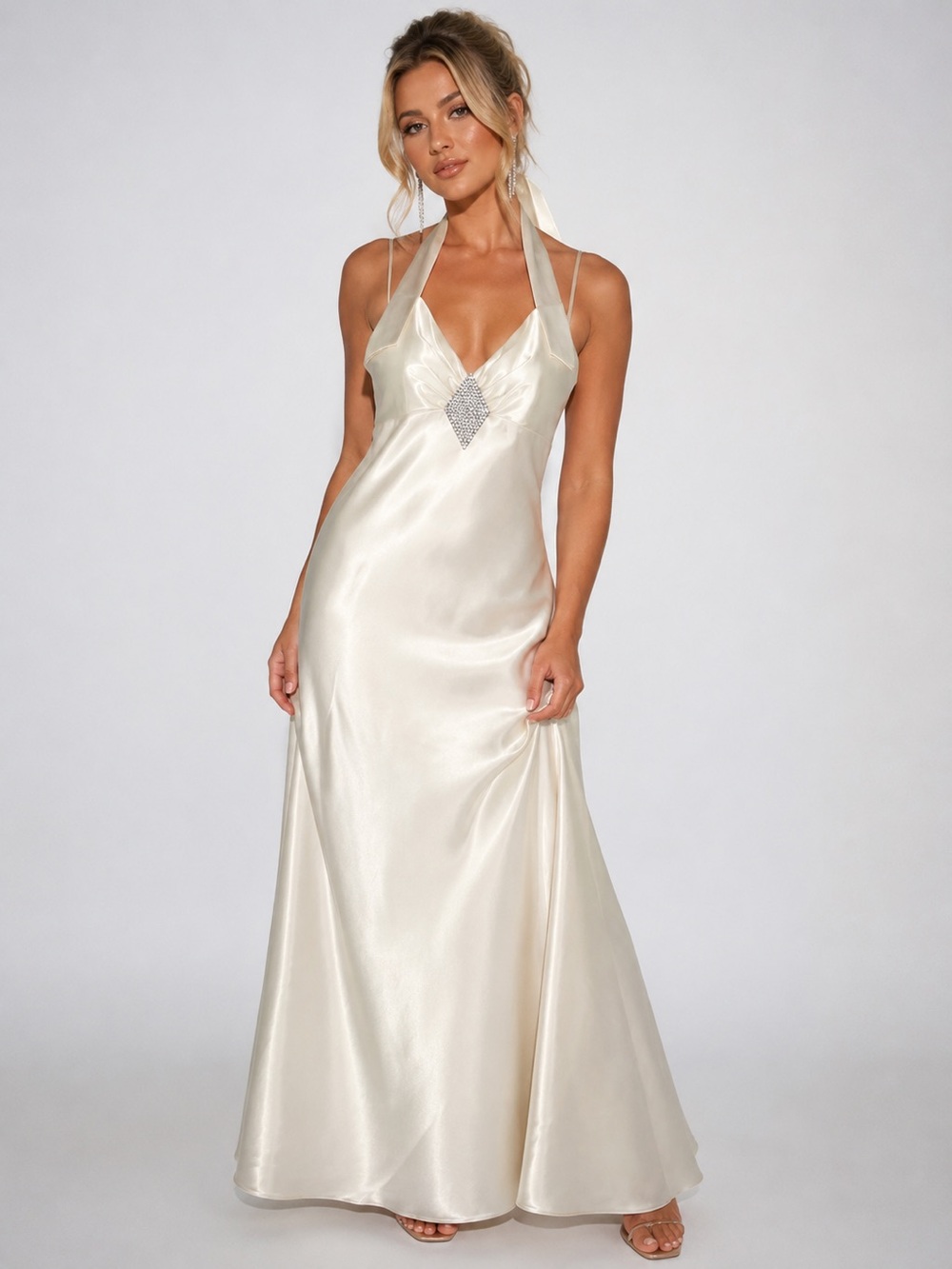Jessica McClintock for Gunne Sax Vintage Ivory Satin Halter Evening Gown Sz. 5
